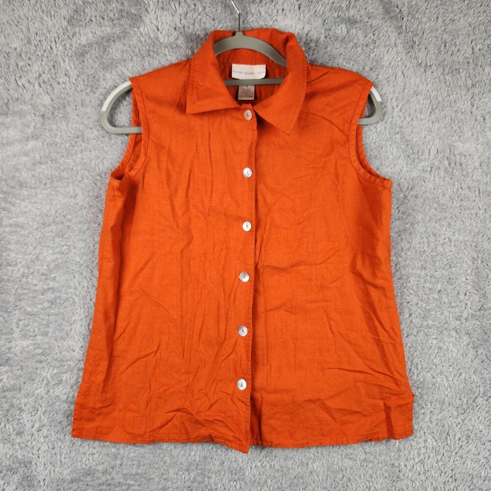 Vintage Susan Graver Shirt Womens Medium Orange Button Sleeveless Linen Blend